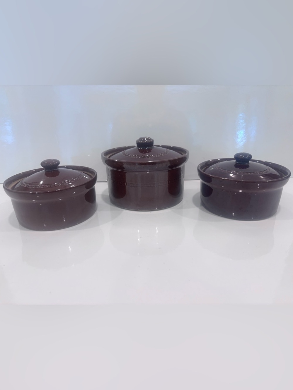 Set of 3 Pearsons of Chesterfield Brown Glazed Stoneware Lidded Casserole Dishes